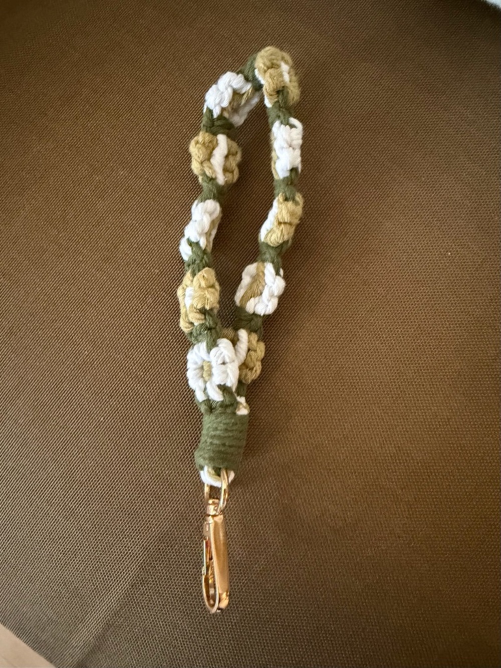 Handmade Olive Green and White Floral Wristlet Keychain